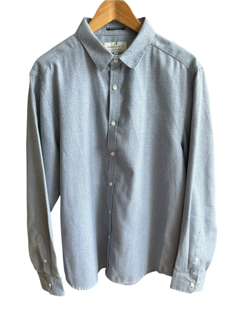 Larsson & Co Mens Large Button Down Shirt Blue Gray Micro Print Cotton Blend